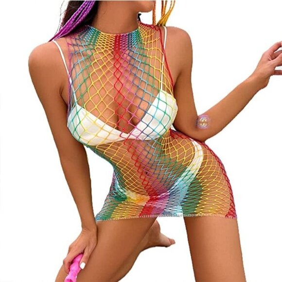 𝅺🌈 Rainbow Fishnet Stockings Mesh Lingerie Bodysuit Party Rave Boho Cosplay NWT - Picture 1 of 5